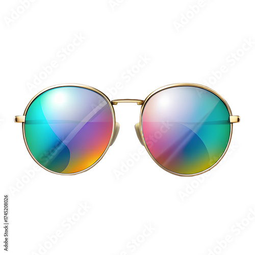 A pair of round sunglasses with colorful mirrored lenses reflecting a rainbow of colors, isolated on a transparent background