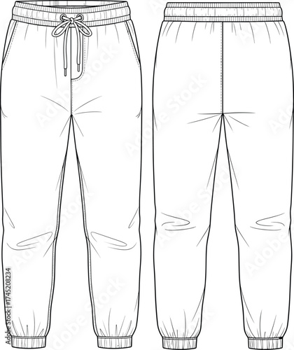 Jogger pants illustration, elastic waistband with drawstring and side pockets, ribbed cuffs, front and back view, fashion garment vector, technical sketch
