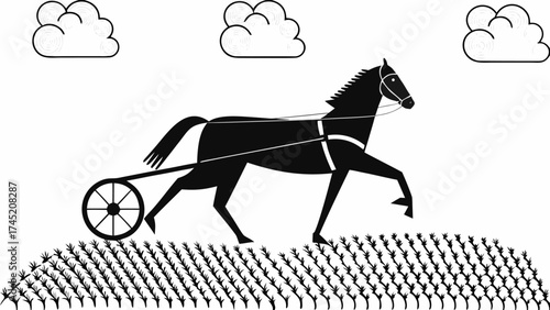 Elegant horse pulling cart over cornfield with cloudscape, evokes freedom and rural beauty in vector art