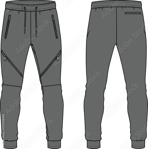 Jogger pants technical drawing, front and back views with zipper pockets, drawstring waistband, ribbed cuffs, fashion design vector, garment construction asset