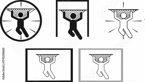Dynamic icon set representing a person hanging from a net, symbolizing strength and resilience