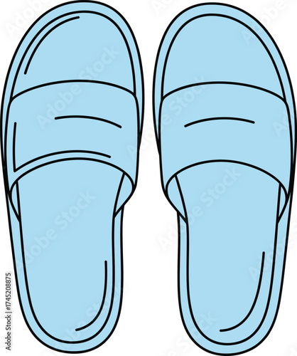 Open-toe slippers illustration, light blue with wide strap and contoured footbed, casual footwear vector, top view design asset, fashion accessory sketch