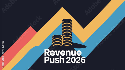 Illustration of stacked coins with upward trending lines for revenue push two thousand twenty six