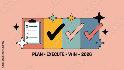 Checklist graphic with plan execute win text and stars on a peach background illustration style
