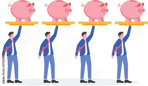 Businessman hand presents precious piggy bank on elegant tray in flat design

