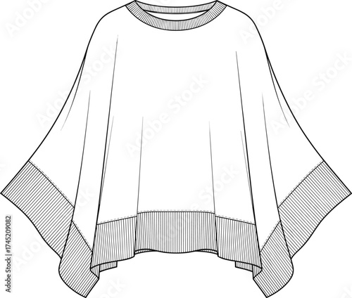 Poncho garment illustration, asymmetrical hem and wide sleeves, ribbed neckline and trim, relaxed silhouette, fashion vector sketch, technical apparel drawing