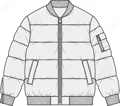 Puffer jacket illustration, quilted design with ribbed collar and cuffs, sleeve flap pocket and slanted front pockets, fashion garment vector, technical sketch