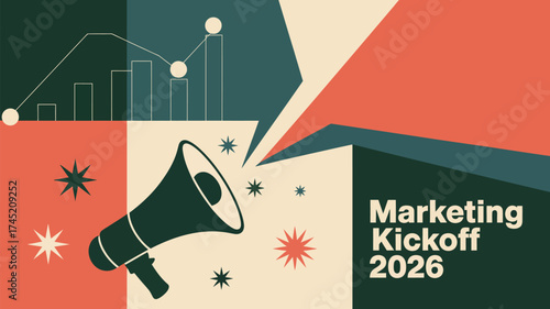 Marketing kickoff announcement with megaphone and chart graphic in retro style design format