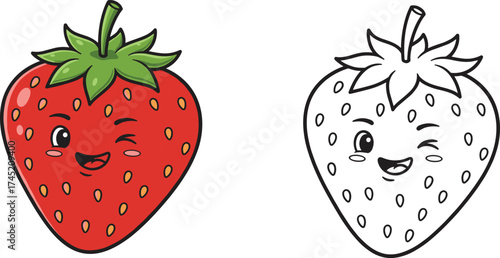 Strawberry cartoon illustration, full color and outline versions, winking fruit character with facial expression, kids coloring page, vector art asset
