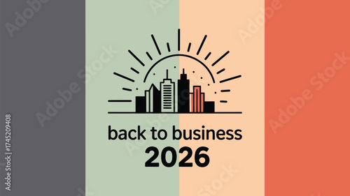 Illustration of city skyline with sun rays and back to business text on color block background