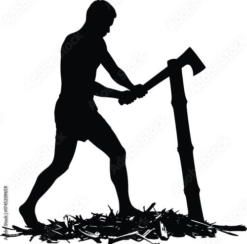 Person chopping bamboo silhouette illustration, traditional labor and natural resource harvesting concept artwork for lifestyle, culture, and sustainability design