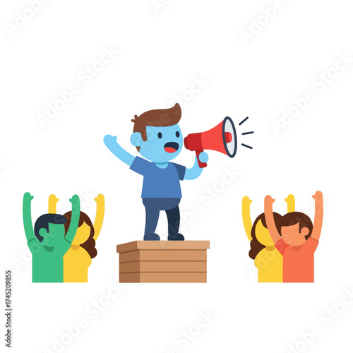Cartoon Man on Box Speaking into Megaphone with Crowd.