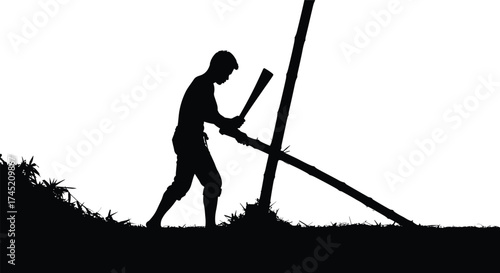 Person cutting bamboo silhouette illustration, traditional labor and natural material harvesting concept artwork for lifestyle, culture, and sustainability design