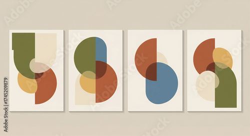 Set of four abstract geometric mid-century modern art prints with overlapping shapes and muted colors.