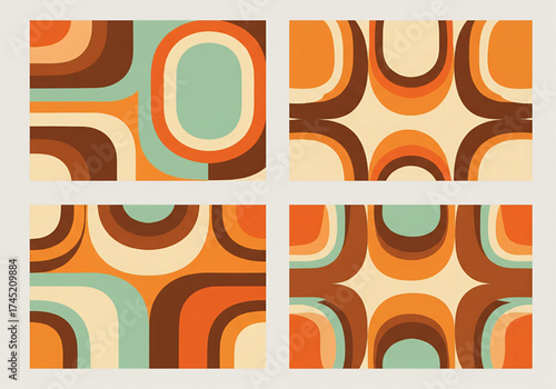 Retro 70s style abstract geometric patterns with rounded shapes and warm color palette.