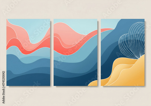 Abstract Triptych Artwork Featuring Wavy Shapes in Blue, Coral, and Yellow Tones.