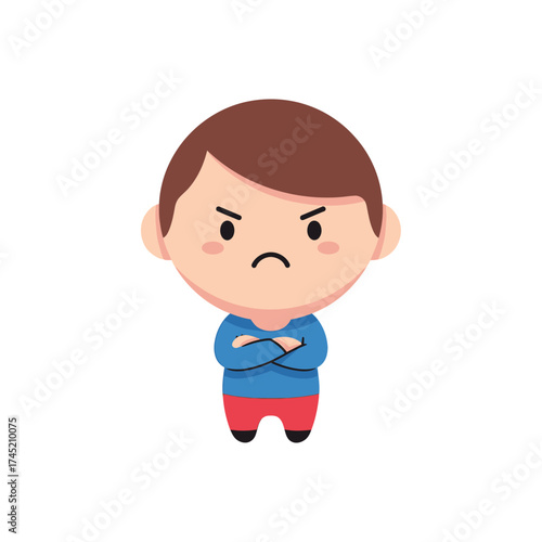 Cute cartoon boy with angry expression arms crossed.