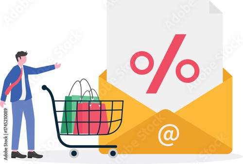 Consumer motivation, early payment discount, rebate program concept with tiny people.

