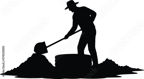 Person digging near pit silhouette illustration, traditional labor and rural construction concept artwork for lifestyle, culture, and sustainability design