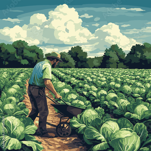 An industrious farmer working in a lush cabbage field with a wheelbarrow, embodying dedication to agriculture and a strong connection to the land under a bright blue sky
