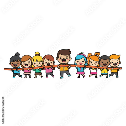 Wallpaper Mural Team of diverse cartoon children and an adult holding a pole together. Torontodigital.ca