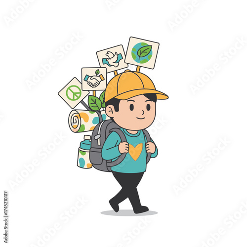 Young man with backpack carrying environmental and peace signs.