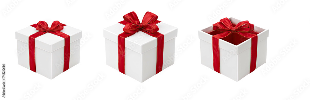 Obraz premium A series of three white square gift boxes with red ribbons, two closed and one opened