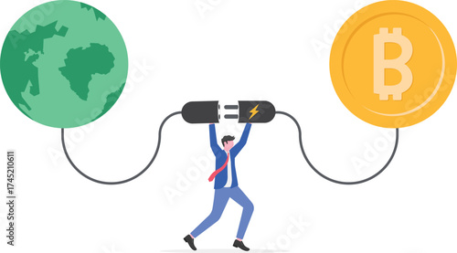 Bitcoin power plug absorbing energy from earth in flat design

