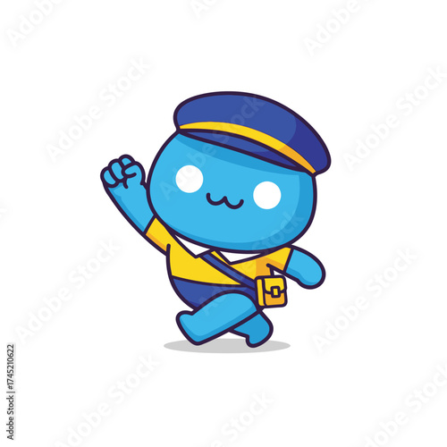 Cute blue cartoon character dressed as a postal worker running.
