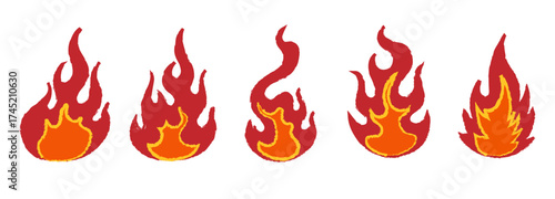 Red yellow orange crayon fire flames set. Grunge hand drawn fire shape vector illustration collection.