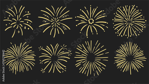Doodle firework new year set. Hand drawn firework, firecracker, sparkler, cracker, confetti for party, birthday, new year and celebration. Yellow firework set on black background.