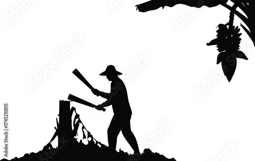 Person harvesting near banana bunch silhouette illustration, traditional farming and rural labor concept artwork for lifestyle, culture, and sustainability design