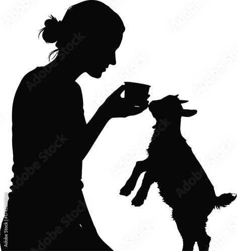 Person feeding goat silhouette illustration, rural care and human-animal bond concept artwork for lifestyle, tradition, and agriculture design