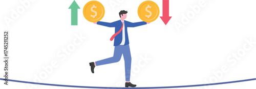Businessman balancing on seesaw and holding coin with profit and loss arrow

