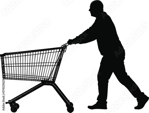 Person pushing shopping cart silhouette illustration, consumer behavior and retail activity concept artwork for lifestyle, commerce, and urban design