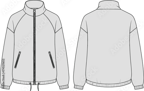 Zip-up jacket illustration, high collar with raglan sleeves, diagonal zip pockets and drawstring hem, ribbed cuffs, front and back view, fashion garment vector