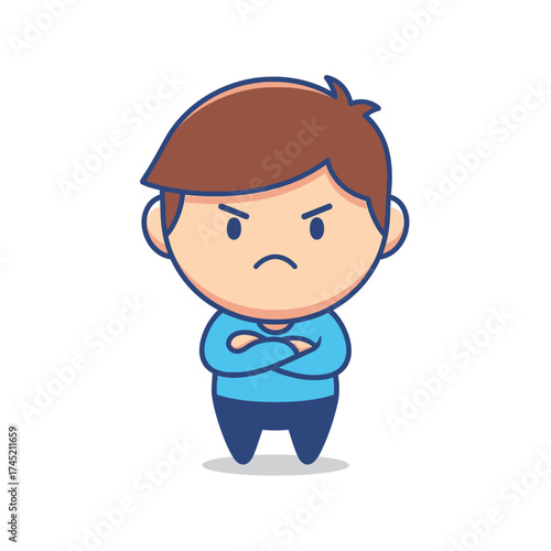Cute cartoon boy with an angry expression and crossed arms.