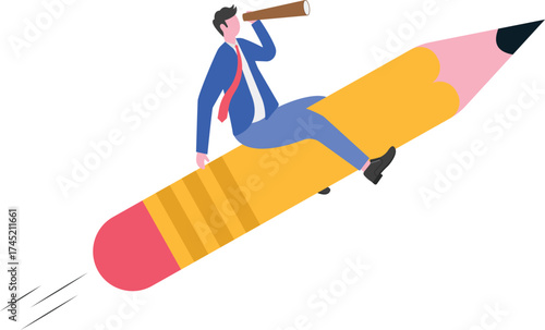 Man designer flies with pencil and looks through spyglass for creative ideas.
