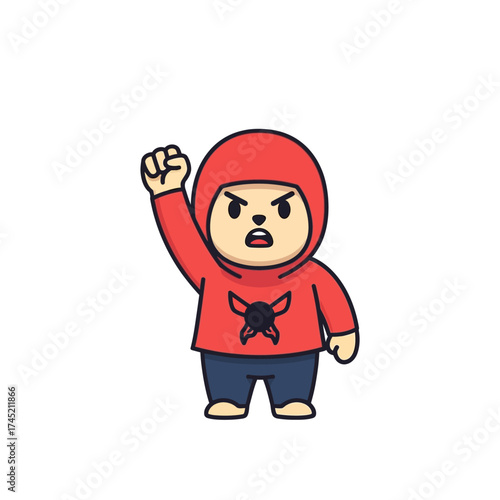 Cartoon character with red hoodie raising fist in protest and anger.