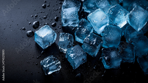 Crushed and Cubed Ice with Blue Highlights on Black Background in Minimal Composition