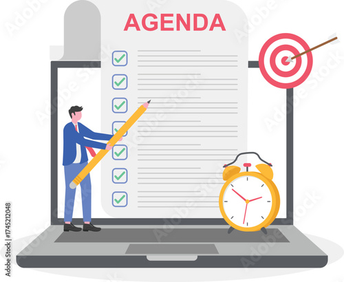 Businesswoman holding pencil and creating meeting agenda with alarm clock

