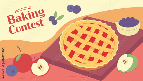 Baking contest illustration featuring a delicious pie, apples, and blueberries, perfect for culinary events and celebrating homemade desserts