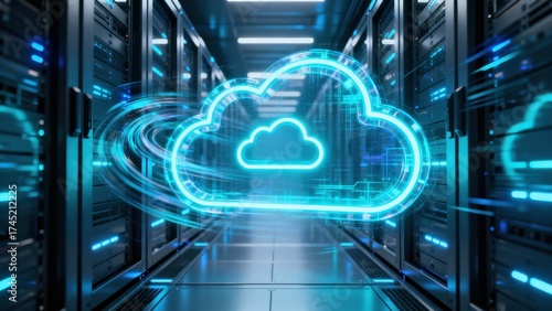 Digital cloud technology visualization in a server room with glowing blue accents.