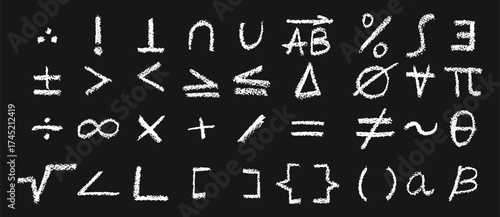 Creative vector set of mathematical icons for school education. Includes algebra letters, triangle, perpendicular lines, and numero symbols with pastel spray paint effect and board texture art.