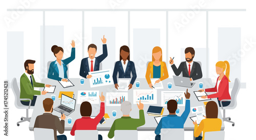 Diverse Business Team Meeting with Raised Hands and Data Analysis.
