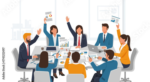 Team members celebrate success during a business meeting with raised hands.