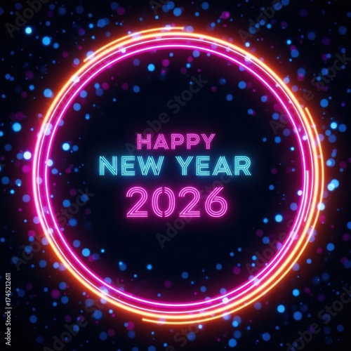 Wallpaper Mural Vibrant neon circle welcomes the new year 2026 with sparkles Torontodigital.ca