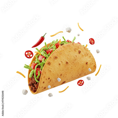 Delicious Taco with Flying Ingredients on Black Background