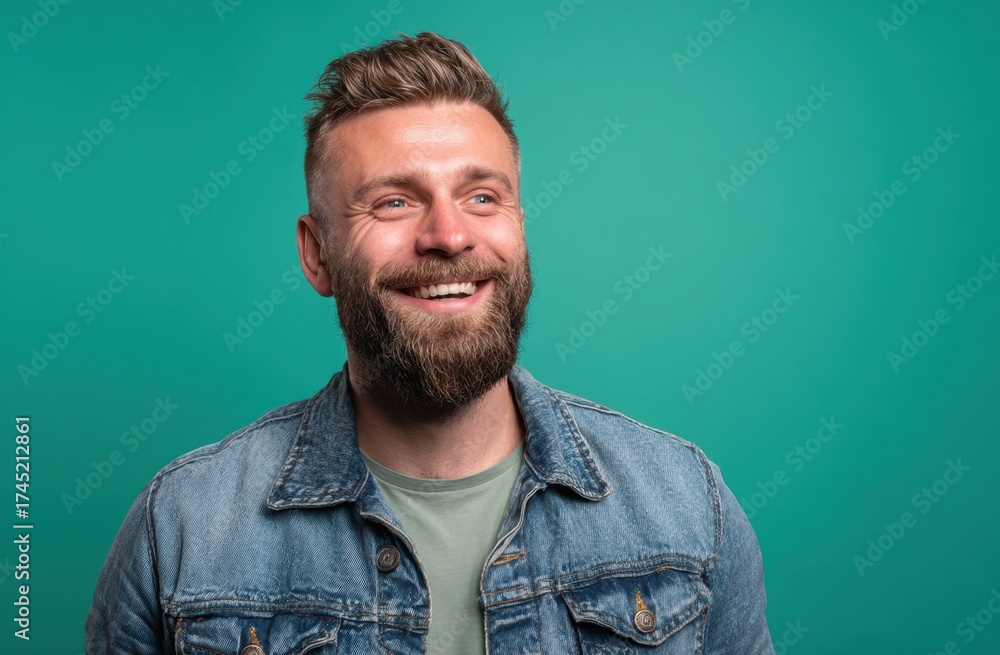 Obraz premium Joyful bearded man with short hair smiling broadly against a vibrant teal