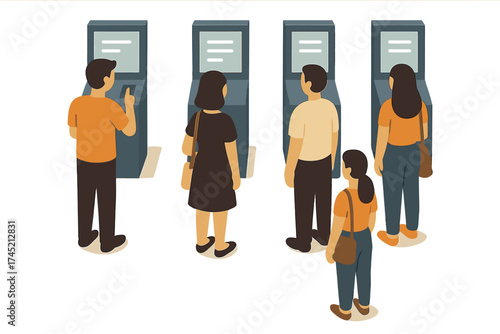 People using self-service kiosks in modern isometric design